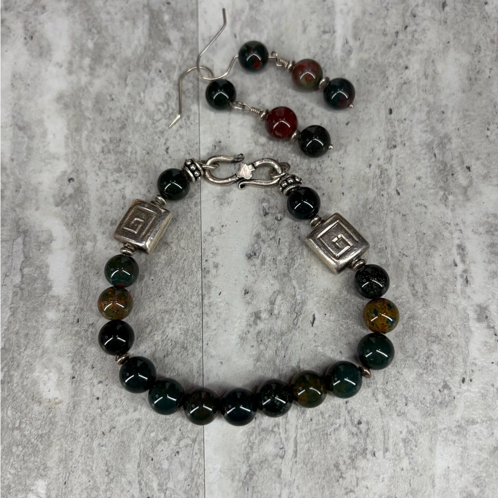 Stone Bracelet And Earrings Set Dangle Silver Tone Green Stones Jewelry Pair